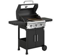 Outsunny Barbacoa de Gas con 3 Quemadores 7,5 kW Termómetro Parrilla Plancha Mesas Laterales Armario Ruedas 125x57x110 cm Negro