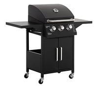 Outsunny Barbacoa de Gas con 3 Quemadores 8,7 KW Termómetro 2 Parrillas de Gas con 2 Mesas Laterales Armario de 2 Puertas 4 Ruedas y Frenos Acero al Carbono para BBQ 121x55x109 cm Negro