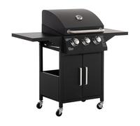 Outsunny Barbacoa de Gas con 3 Quemadores 8,7 KW Termómetro 2 Parrillas de Gas con 2 Mesas Laterales Armario de 2 Puertas 4 Ruedas y Frenos Acero al Carbono para BBQ 121x55x109 cm Negro