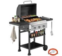 Outsunny Barbacoa de Gas con 3 Quemadores 9 kW Termómetro 2 Ruedas Negro | Barbacoa Portátil, Mesas Laterales Plegables, Estante, Rejilla Calentadora, Especiero, Recogedor Grasa, Ganchos