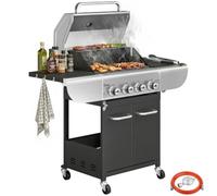 Outsunny Barbacoa de Gas con 4 Quemadores 12,8 kW con Termómetro Negro | Barbacoa Portátil, Mesas Laterales, Armario, Rejilla Calentadora, Parrillas de Hierro Fundido, Recogedor Grasa