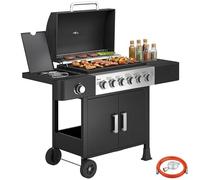 Outsunny Barbacoa de gas de 17,8 kW, 6 + 1 quemador, de acero inoxidable, incluye rollo de quemador lateral, termómetro, rejilla esmaltada, rejilla para calentar la mesa lateral, armario de gas, para
