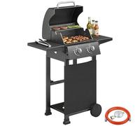 Outsunny Barbacoa de gas de 5,4 kW, 2 quemadores, acero, incluye mesa lateral plegable, termómetro cromado, rejilla para mantener el calor, rollo para armario, parrilla de gas, para balcón, fiesta