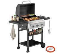 Outsunny Barbacoa de gas de 9 kW, 3 quemadores, parrilla de acero inoxidable, incluye mesa lateral plegable, soporte para especias, estante inferior, 6 ganchos, termómetro, parrilla esmaltada, rejilla