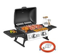 Outsunny Barbacoa de gas de mesa portátil, 2 quemadores 5,6 kW, barbacoa de gas de camping con parrilla de cocina, bandejas laterales, tapa, termómetro, para camping, jardín y balcón, negro