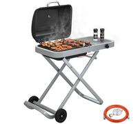 Outsunny Barbacoa de Gas Plegable Portátil con Quemador 2,5 kW Negro | Termómetro, Mesa Lateral, Parrilla de Hierro Fundido, Recogedor Grasa, 2 Ruedas, Jardín, Camping