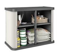 Outsunny - Caja de almacenamiento exterior (480 L, 2 niveles, con puertas correderas, caja de jardín resistente a los rayos UV, para jardín, terraza, 120,5 x 59,5 x 92 cm, color marrón claro