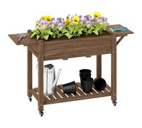 Outsunny Cama elevada de jardín de Madera con Ruedas bloqueables, mesas Laterales y Estante Inferior, Maceta Exterior con Forro y Agujeros de Drenaje para Verduras, Flores, Frutas, carbonizada