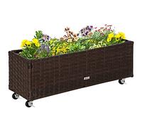 Outsunny Cama elevada Poly Rattan con ruedas Jardinera con agujeros de drenaje Jardinera Café Marrón 94,5 x 31 x 36 cm