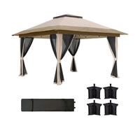 Outsunny carpa plegable gazebo, 3,6x3,6 m, cenador plegable con 4 paredes laterales de malla, anti-uv, altura ajustable, bolsa de arena y bolsa de transporte, para camping, fiestas, beige 356 cm