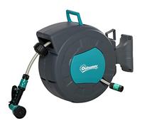 Outsunny Carrete de Manguera Automático 15+1,4m Turquesa Gris | Giro de 180°, lanza de riego, soporte de pared integrado