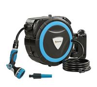 Outsunny - Carrete de manguera para riego de pared, 14+1,5 m, 12 pulverizaciones, carrete automático de mangueras de agua retráctil automático giratorio a 180° con cerradura y adaptadores, color azul