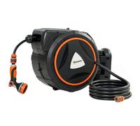 Outsunny Carrete de Manguera Retráctil 23+2 m con 12 Modos de Rociado Bloqueo Automático Retracción Controlada Soporte Naranja
