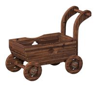 Outsunny Carretilla de Madera Decorativa Jardinera Elevada con 4 Ruedas Asa Orificios de Drenaje 68x38x52 cm Carbonizado