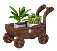 Outsunny Carretilla de Madera Decorativa, Jardinera Elevada con 4 Ruedas, Asa, Orificios de Drenaje, Macetero Exterior para Cultivos de Plantas, Flores en Terraza, Jardín, 68x38x52 cm, Carbonizado