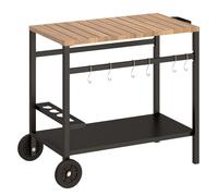 Outsunny Carrito de Barbacoa de 2 Niveles Mesa Auxiliar para Barbacoa Móvil con Ruedas Portabebidas Ganchos Asa Encimera Imitación Madera Mesa de Horno de Pizza para Exterior Negro y Marrón
