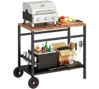 Outsunny Carrito de Barbacoa de 2 Niveles Mesa Auxiliar para Barbacoa Móvil con Ruedas Portabebidas Ganchos Asa Encimera Imitación Madera Mesa de Horno de Pizza para Exterior Negro y Marrón