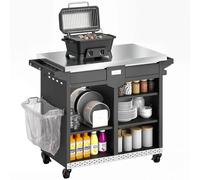 Outsunny Carrito de barbacoa de 5 niveles, mesa de barbacoa con superficie de trabajo de acero inoxidable, ajustable, estantes, cajón, ruedas, soporte para especias, soporte para bolsas de basura