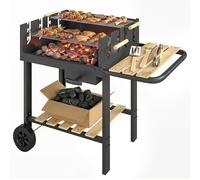 Outsunny Carrito de Carbón Móvil 99.5x58x82 cm Negro | Parrilla ajustable de 4 niveles, 2 estanterías de madera, 2 ruedas, cenicero, 10 personas, terraza, picnic, fiesta