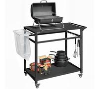 Outsunny Carrito de cocina con ruedas, carrito de 2 niveles, carrito con soporte para bolsas de basura, ganchos, asas, ayudante de cocina, mesa de barbacoa de metal, 113 x 50,5 x 88 cm, color negro