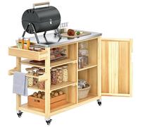 Outsunny Carrito de Parrilla Carrito de Barbacoa con 4 Ruedas Carro de Servicio de Madera Encimera de Acero Inoxidable Toallero y Especiero Estantes Armario para Patio Jardín 134,5x50x91,5 cm Natural