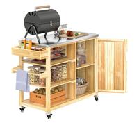 Outsunny carrito de parrilla carrito de barbacoa de madera carro de servicio con 4 ruedas estantes armario encimera de acero inoxidable toallero y especiero para jardín patio 134,5x50x91,5 cm natural 