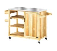 Outsunny carrito de parrilla carrito de barbacoa de madera carro de servicio con 4 ruedas estantes armario encimera de acero inoxidable toallero y especiero para jardín patio 134,5x50x91,5 cm natural 