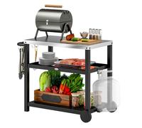 Outsunny Carrito de Parrilla de 3 Niveles Carrito de Barbacoa Carro de Servicio con 2 Ruedas Estantes Encimera de Acero Inoxidable y Asa Mesa de Horno de Pizza para Jardín Patio Gris Carbón