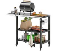Outsunny Carrito de Parrilla de 3 Niveles Carrito de Barbacoa Carro de Servicio con Ruedas Estantes Encimera de Acero Inoxidable Lateral Plegable y Asa Mesa de Horno de Pizza para Jardín Patio Negro