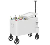Outsunny Carrito Nevera de 56L con Ruedas, Carro de Bebidas con Mango Ajustable, Abrebotellas, Recogetapas, Drenaje y Asa, Mesa Nevera Jardín Exterior para Patio, Fiesta, BBQ, 75x35x120 cm, Blanco
