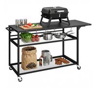 Outsunny - Carro de barbacoa con ruedas, isla de cocina con bandeja lateral plegable, tres estantes, ganchos y punzonado, 133 x 48,5 x 82 cm, color negro