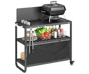 Outsunny Carro de barbacoa de acero 100 x 46 x 110 cm con protección contra el viento - Carrito de jardín portátil de 3 niveles y cortina Oxford - Estación de cocción para plancha y horno de pizza con