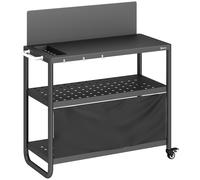 Outsunny Carro de barbacoa exterior, mesa de tres niveles con bandeja de acero, soporte para horno de pizza con ganchos, porta-especias, negro Aosom España