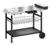 Outsunny Carro de jardín de 3 niveles, superficie de trabajo en acero inoxidable, ruedas, ganchos, cesta extraíble, asa lateral, 114x61x81cm, Negro Aosom España