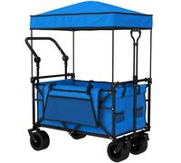 Outsunny Carro de Jardín Plegable con Ruedas Grandes Bloqueables Barra Ajustable Portavasos para Campaña 125x59x133 cm Azul