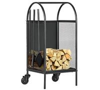 Outsunny Carro para leña con ruedas 37.5x37.5x80 cm Negro | Estante para leña, soporte para leña de chimenea, pala escoba atizador, hogar, interior y exterior