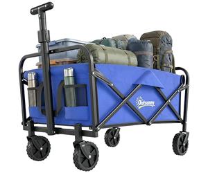 Outsunny Carro Playa con Ruedas Carro de Jardín Plegable con Asa Telescópica Ajustable 2 Bolsas de Almacenaje Carga 100 kg Carrito Transporte para Todo Terreno Jardín Campaña Compra Azul