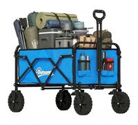 Outsunny Carro Playa con Ruedas Grandes Bloqueables, Carro de Jardín Plegable con Mango Ajustable, Portavasos y Marco de Metal, Carga 80 kg, Carrito Transporte para Jardín, Campaña, Compras, Azul