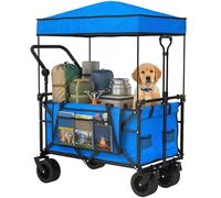 Outsunny Carro Playa con Ruedas Grandes con Freno, Techo Extraíble, Carro Plegable para Jardín con Barra Ajustable, Portavasos y Bolsillos, Carga 100 kg, para Todo Terreno, Campaña, Compras, Azul