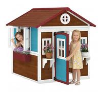 Outsunny Casa de Jardín Infantil Casa de Madera para Niños con Puerta Ventanas Jardineras y Soportes de Flores 114x126,4x135 cm Marrón Oscuro