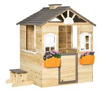 Outsunny Casa de Jardín Infantil de Madera Casa de Juegos Exterior para Niños de 3-7 Años con Ventanas 2 Jardineras y 1 Banco 113x94x134,5 cm Natural