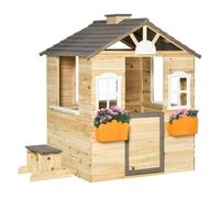 Outsunny Casa de Jardín Infantil de Madera Casa de Juegos Exterior para Niños de 3-7 Años con Ventanas 2 Jardineras y 1 Banco 113x94x134,5 cm Natural
