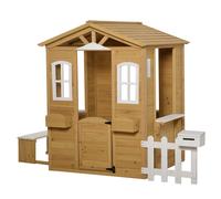 Outsunny Casa de juegos para niños casa de jardín de madera con puerta y ventanas, banco, buzón, valla, de 3 a 6 años