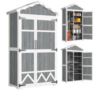 Outsunny Caseta de Jardín de Madera 105x55x179 cm Armario Exterior Gris | Puertas, 4 Estantes Extraíbles, Techo Metal Galvanizado, Pies Ajustables