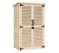 Outsunny caseta de jardín de madera, 75x50x118 cm, cobertizo jardín exterior, armario para almacenaje herramientas, con 2 puertas de persiana 2 estantes y techo impermeable para patio terraza, natural
