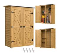Outsunny Caseta de Jardín de Madera Armario Exterior 115x53x156 cm Marrón | Cobertizo Jardín Exterior, para Herramientas, Puertas Dobles con Pestillo, 2 Estantes, Techo Inclinado, Fijación con Estacas