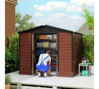 Outsunny Caseta de Jardín Exterior Metálica 4,4 m² 240x206x198 cm Teca | Cobertizo de Jardín, Base Refuerzo (Suelo NO Incluido), Puerta Corredera con Cerradura, 4 Ventanas Patio