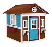 Outsunny Casita de Madera Infantil con Puerta Ventanas Jardineras y Repisas con Detalles de Color 114x126,4x135 cm Marrón Oscuro