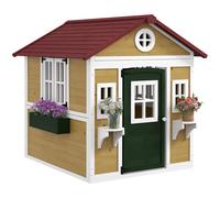 Outsunny Casita de Madera Infantil con Puerta Ventanas Jardineras y Repisas con Detalles de Color 114x126,4x135 cm Natural
