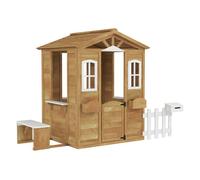 Outsunny Casita Infantil Exterior de Madera Casita Infantil de Jardín con Buzón Ventanas Jardinera Mostrador y Banco Casa de Juegos para Niños a Partir de 3 Años Natural